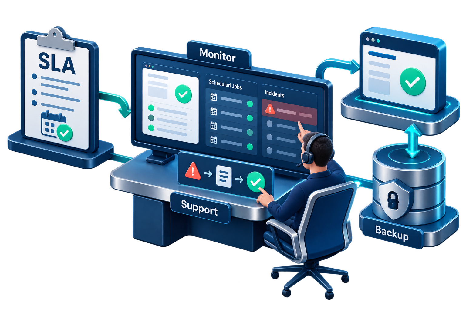 Illustration of SLA-based operation: scheduled jobs, incident support, monitoring and backup recovery.