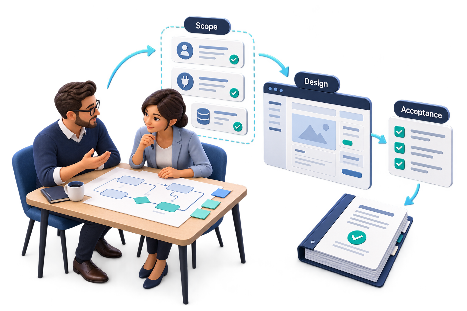 Illustration of a requirements workshop turning workflows into scope, a design and acceptance criteria.
